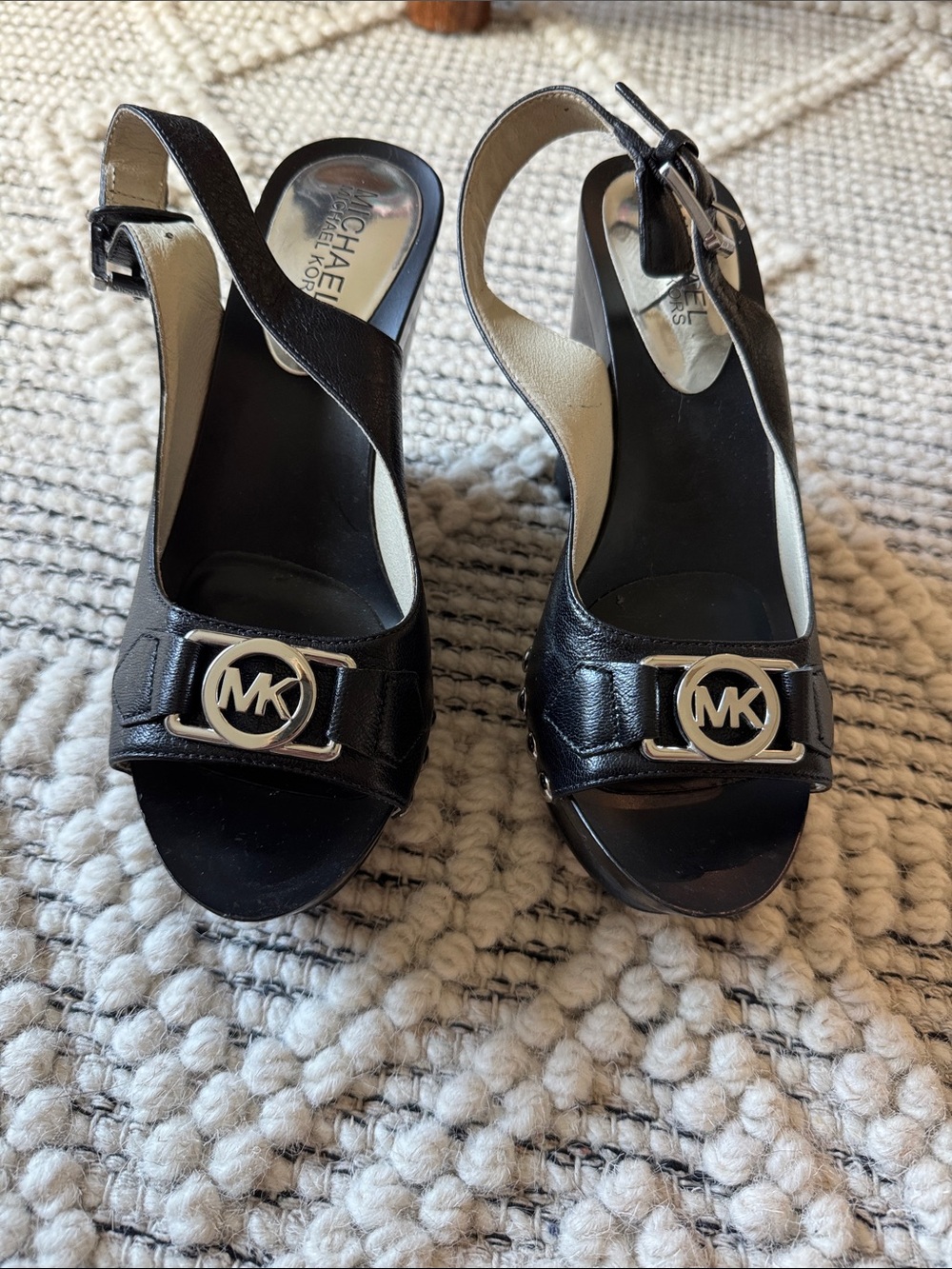 Michael Kors Black Leather MK Logo Slingback Heels